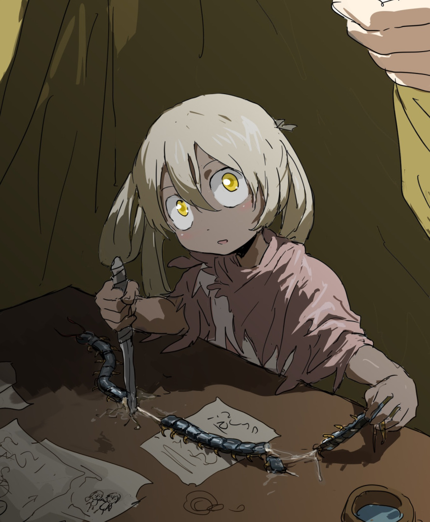 1girl animal blonde_hair bug centipede child's_drawing chinese_commentary commentary_request dark-skinned_female dark_skin desk dissection highres holding holding_animal holding_knife irumyuui knife light_blush light_smile long_hair looking_at_viewer made_in_abyss open_mouth out_of_frame paper planted planted_knife pov pov_hands rags shade single_hair_ring slime_(substance) solo_focus tent wide-eyed xiaopizi32439 yellow_eyes