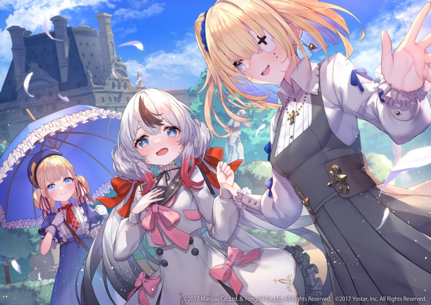 3girls azur_lane black_dress black_hair blonde_hair blue_dress castle center_frills closed_mouth double_bun dress frills gloves hair_bun holding holding_umbrella kt._(kaisou-notagui) l'indomptable_(azur_lane) le_terrible_(azur_lane) le_triomphant_(azur_lane) looking_at_another looking_at_viewer multicolored_hair multiple_girls official_art open_mouth outdoors smile streaked_hair teeth twintails umbrella upper_teeth_only white_dress white_gloves white_hair