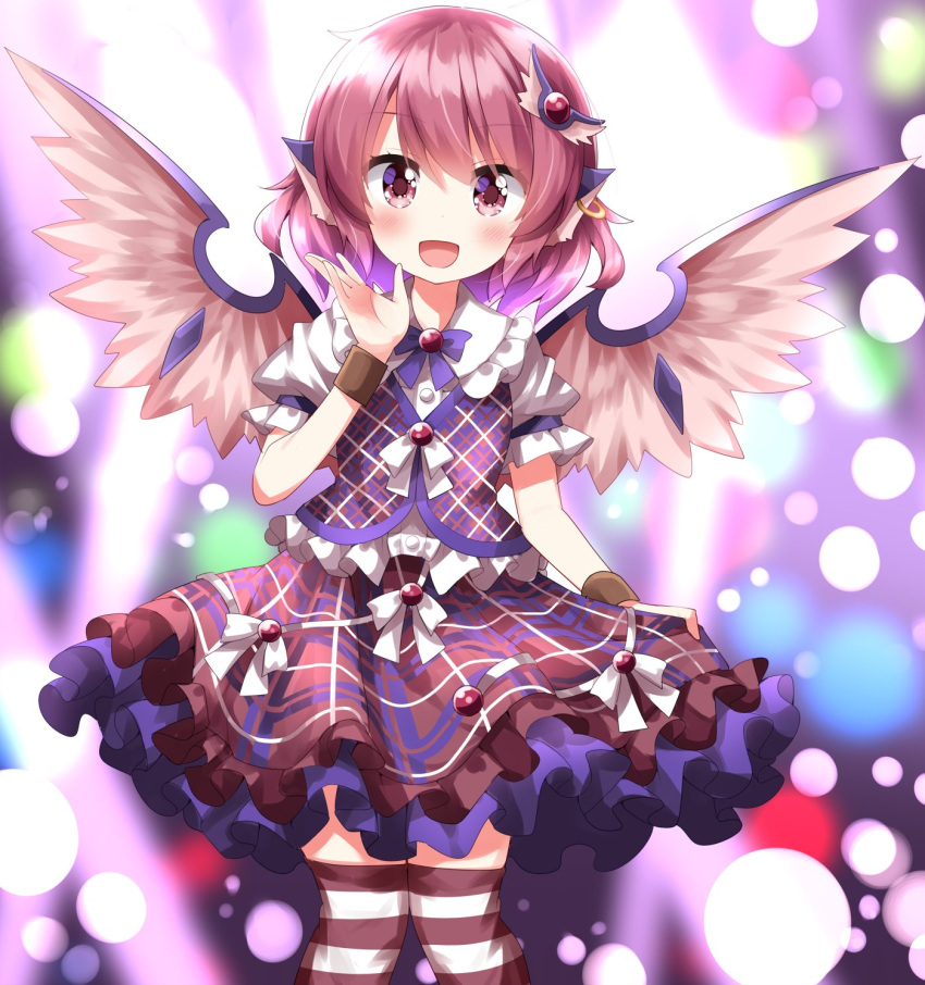 1girl alternate_costume animal_ears bird_ears bird_wings blush brown_skirt brown_vest earrings feet_out_of_frame frilled_shirt_collar frilled_skirt frilled_sleeves frills hair_between_eyes hair_ornament highres hollow_song_of_birds jewelry mystia_lorelei open_mouth pink_eyes pink_hair pink_wings ruu_(tksymkw) sailor_collar shirt short_hair short_sleeves single_earring skirt smile solo striped striped_thighhighs thigh-highs touhou vest white_shirt wings