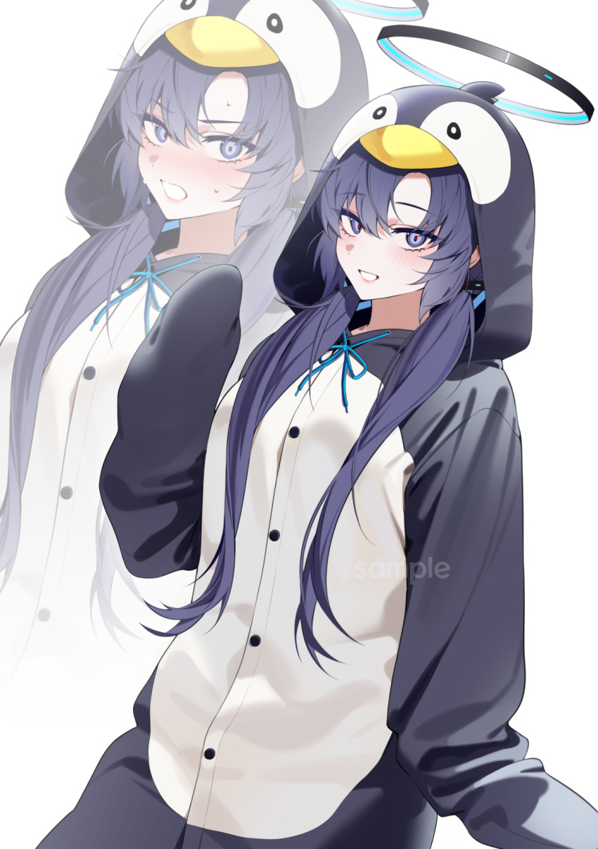 1girl alternate_costume alternate_hairstyle animal_costume bechu blue_archive blue_eyes blue_hair blush hair_between_eyes hair_ornament halo highres hood hood_up long_hair looking_at_viewer low_twintails penguin_costume sample_watermark sidelocks simple_background sweat twintails very_long_hair white_background yuuka_(blue_archive) zoom_layer
