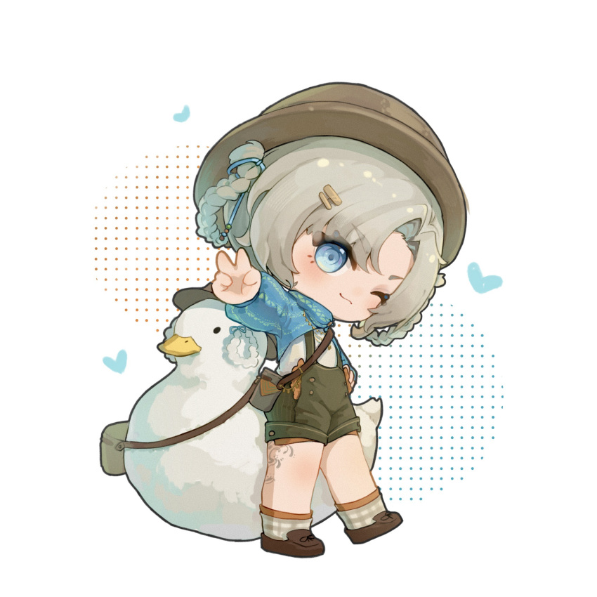 1girl ;) bag bird blue_eyes blue_ribbon blue_sleeves boater_hat braid brown_footwear brown_headwear brown_shorts chibi closed_mouth duck foot_up full_body grey_bag grey_hair grey_socks hair_ornament hair_ribbon hair_rings hairpin haku_(haku746655) halftone halftone_background hand_on_own_hip heart highres leg_tattoo looking_at_viewer matilda_bouanich medium_hair official_alternate_costume one_eye_closed outstretched_arm parted_bangs plaid_socks reverse:1999 ribbon shirt shorts shoulder_bag shrug_(clothing) smile socks solo standing suspender_shorts suspenders tattoo twin_braids v white_background white_shirt