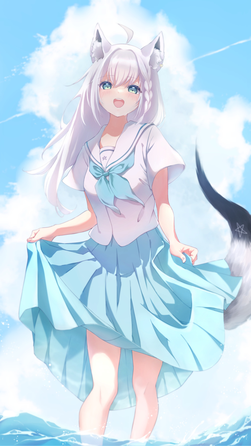 1girl absurdres ahoge animal_ear_fluff animal_ears blue_neckerchief blue_skirt blush braid breasts clothes_lift clouds cloudy_sky commentary_request fox_ears fox_girl fox_tail green_eyes hair_between_eyes highres hololive long_hair long_skirt looking_at_viewer neckerchief ocean open_mouth pentagram rtomch school_uniform serafuku shirakami_fubuki short_sleeves sidelocks single_braid skirt skirt_lift sky small_breasts solo tail virtual_youtuber wading white_hair white_serafuku