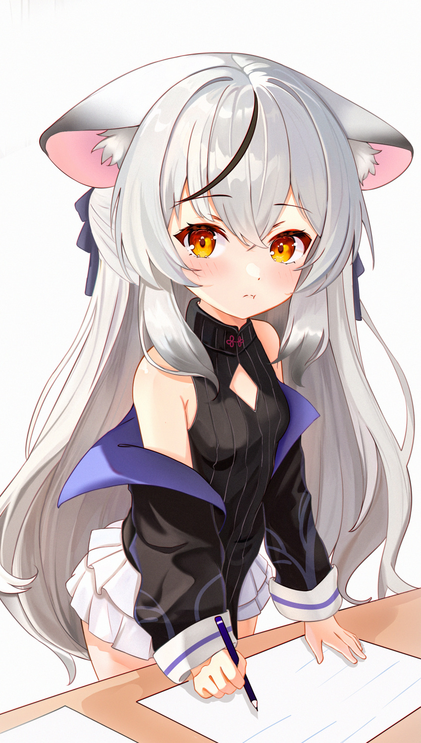 1girl absurdres animal_ear_fluff animal_ears black_dress black_jacket blue_archive blush breasts brown_eyes china_dress chinese_clothes dress grey_hair highres jacket kinoshita_ringo_(ryve5758) kokona_(blue_archive) long_hair looking_at_viewer miniskirt multicolored_hair off_shoulder paper pencil pleated_skirt pout skirt sleeveless sleeveless_dress small_breasts solo streaked_hair striped striped_dress table tiger_ears tiger_girl vertical-striped_dress vertical_stripes very_long_hair white_skirt writing