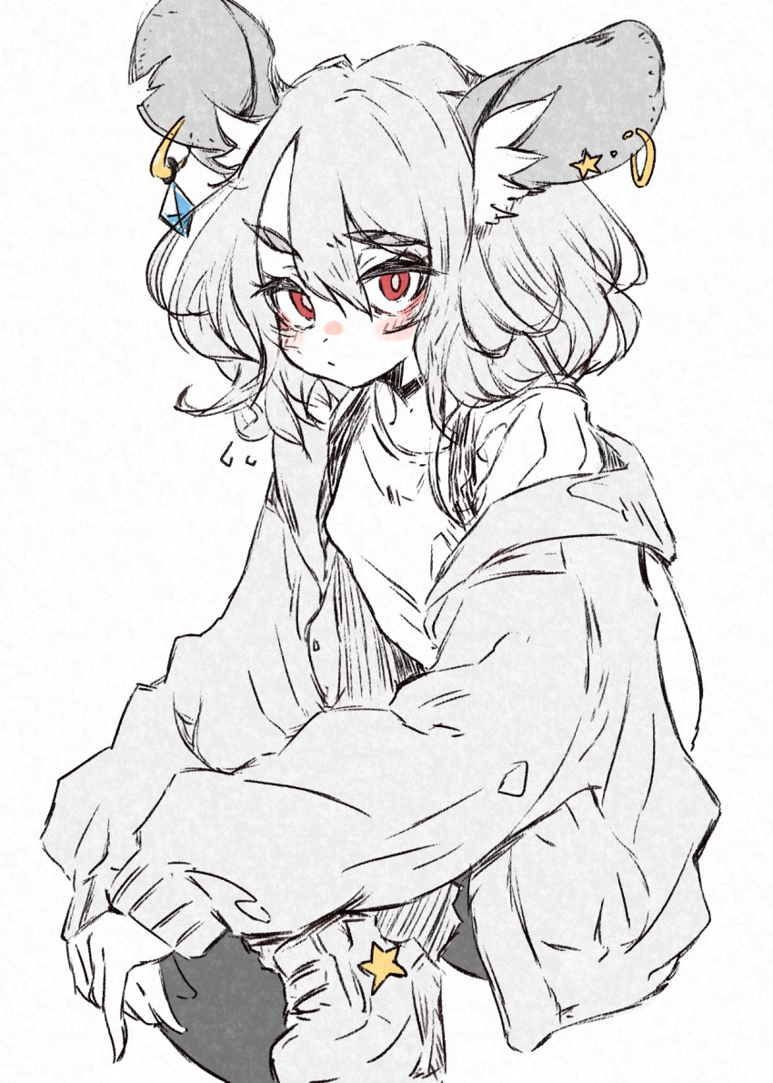 1girl alternate_costume animal_ears deal360acv earrings feet_out_of_frame grey_hair highres jacket jewelry long_sleeves mouse_ears nazrin one-hour_drawing_challenge open_clothes open_jacket red_eyes shirt short_hair simple_background solo touhou white_background