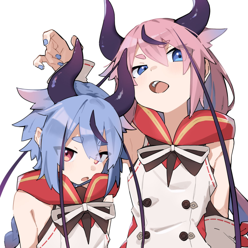 2others arm_up armpit_crease black_hair blue_eyes blue_hair blue_nails braid braided_ponytail commentary detached_sleeves gradient_hair hair_flaps highres horns jacket long_hair looking_at_viewer meika_hime meika_mikoto multicolored_hair multiple_others open_mouth pink_hair quraqura_nemii raised_eyebrow red_eyes siblings side-by-side simple_background sleeveless sleeveless_jacket streaked_hair teeth thick_eyebrows uneven_eyes upper_teeth_only upturned_eyes v-shaped_eyebrows vocaloid white_background white_jacket