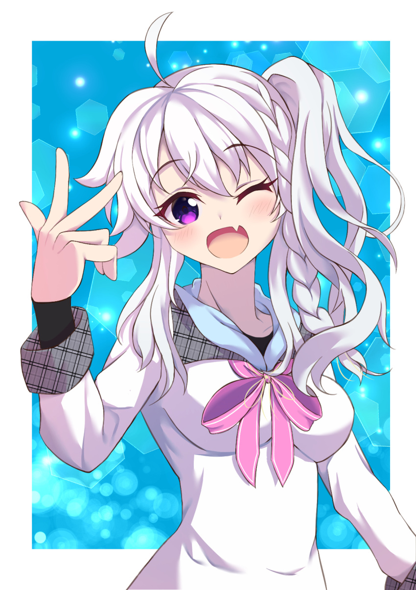 1girl 9-nine- :d ahoge arm_at_side blue_background blush braid breasts collar commentary_request eyelashes fang framed grey_collar grey_hair hair_between_eyes hand_up happy hato_maron highres large_breasts long_hair long_sleeves looking_at_viewer neck_ribbon niimi_sora one_eye_closed open_mouth partial_commentary pink_ribbon plaid_collar ribbon school_uniform shirt side_ponytail sidelocks simple_background single_braid skin_fang smile solo upper_body v violet_eyes wavy_hair white_shirt