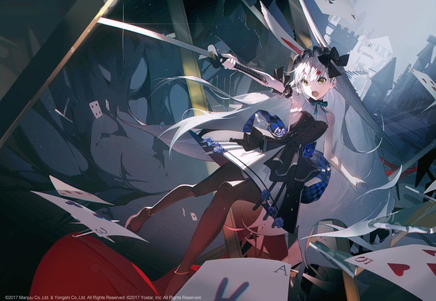 1girl absurdres animal_ears armpits azur_lane bare_shoulders black_bow black_hairband black_pantyhose bow card castle dress full_body hair_bow hairband high_heels highres holding holding_sword holding_weapon karasuro long_hair looking_down official_art open_mouth pantyhose rabbit_ears shimakaze_(azur_lane) shimakaze_(the_white_rabbit_of_wonderland)_(azur_lane) sleeveless sleeveless_dress solo standing sword teeth thick_eyebrows upper_teeth_only weapon white_hair yellow_eyes