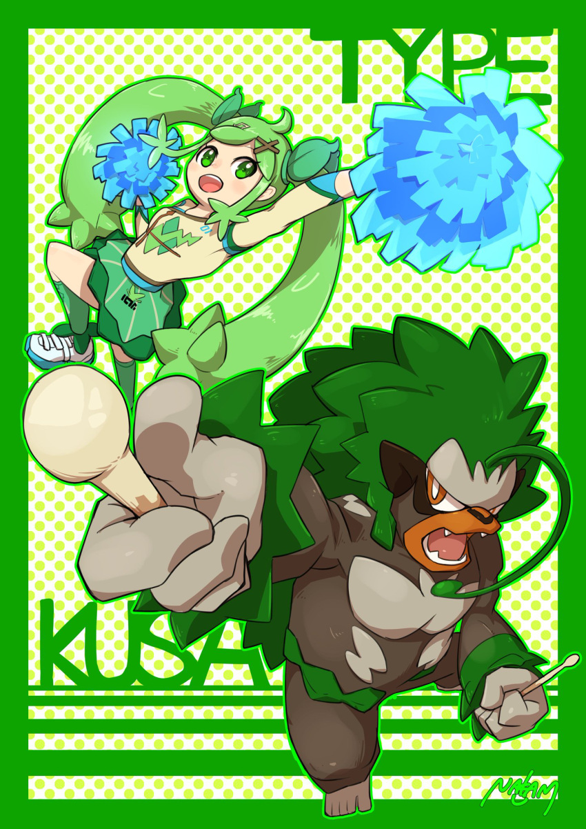 1girl arm_up border cheerleader commentary_request crossover green_border green_eyes green_hair green_skirt green_socks hair_ornament hatsune_miku highres holding holding_pom_poms kneehighs long_hair nakamu_(nkm8gotsugotsu) open_mouth outline pokemon pokemon_(creature) pom_pom_(cheerleading) project_voltage rillaboom shirt shoes sidelocks skirt socks teeth tongue twintails upper_teeth_only vocaloid white_footwear x_hair_ornament yellow_shirt