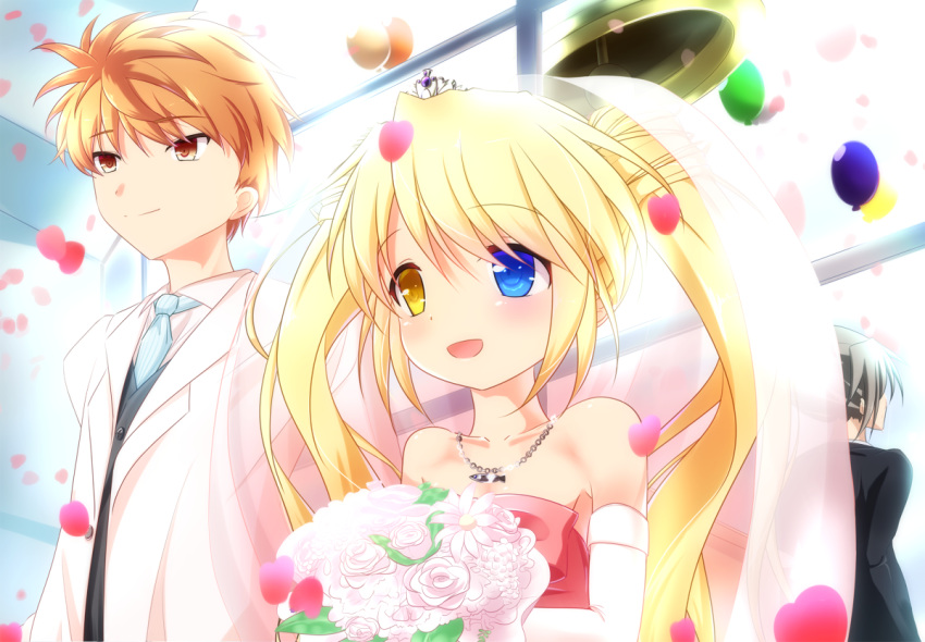 1girl 2boys :d balloon bare_shoulders bell blonde_hair blue_eyes blue_necktie blush bouquet bridal_veil church closed_mouth collarbone commentary_request confetti couple detached_sleeves dress fish_ornament flower hair_between_eyes happy hetero heterochromia holding holding_bouquet jewelry long_hair long_sleeves looking_afar multiple_boys nakatsu_shizuru necklace necktie open_mouth orange_eyes orange_hair rewrite rose short_hair smile spiky_hair standing suit tagame_(tagamecat) tennouji_kotarou twintails upper_body veil wedding wedding_dress white_flower white_rose white_sleeves white_suit yellow_eyes yoshino_haruhiko