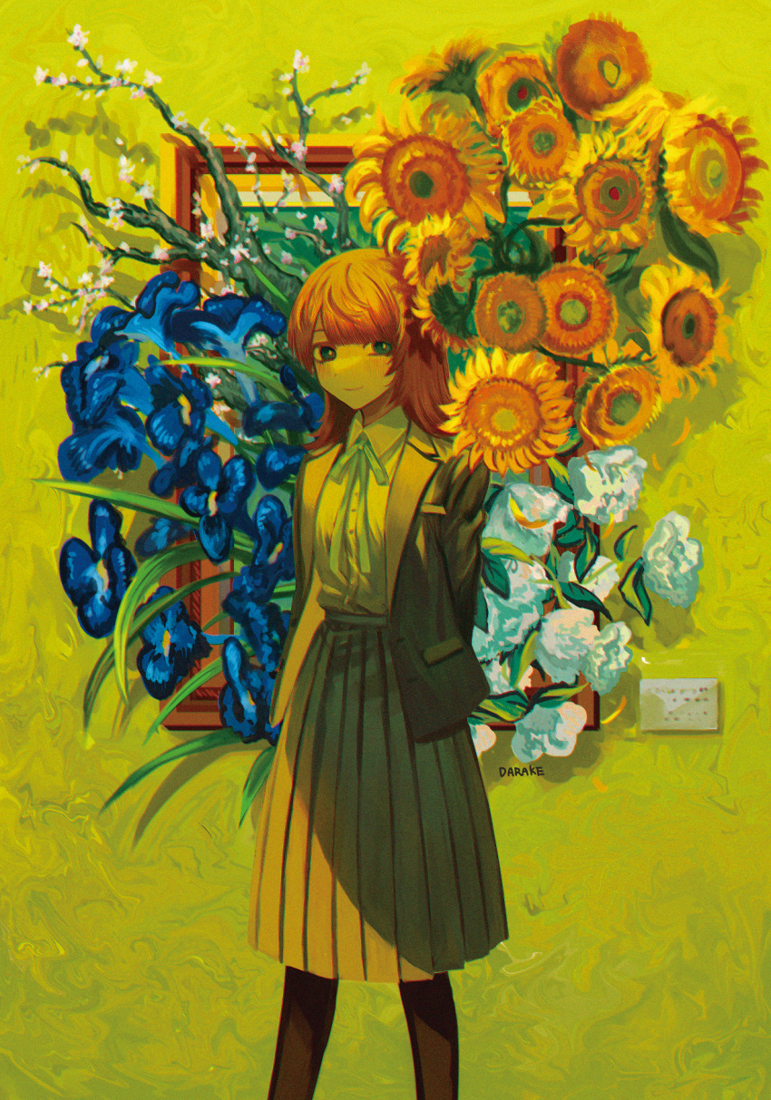 1girl abstract_background almond_(flower) almond_blossoms_(van_gogh) arms_behind_back black_pantyhose blazer blue_flower blunt_bangs blush branch collared_shirt feet_out_of_frame flower green_background green_jacket green_ribbon highres iris_(flower) jacket lapels leaf legs_apart looking_at_viewer medium_hair neck_ribbon nekohai_darake notched_lapels open_clothes open_jacket orange_hair original painting_(object) pantyhose pink_flower pleated_skirt ribbon rose shirt shirt_tucked_in skirt smile solo standing sunflower sunflowers_(van_gogh) vincent_van_gogh_(style) white_flower white_rose white_shirt yellow_flower yellow_skirt