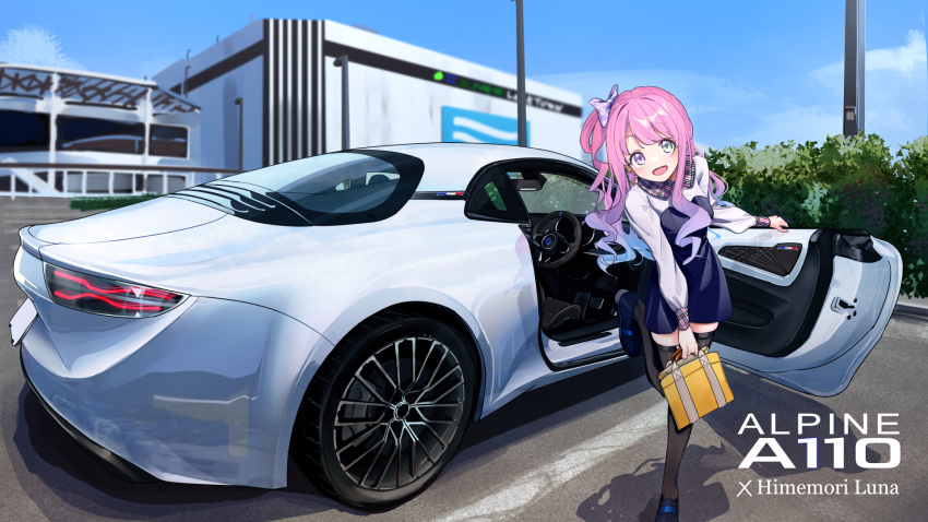 alpine_a110 bag black_thighhighs bow building car character_name day diagonal-striped_bow dress gradient_hair green_eyes hair_bow handbag heterochromia highres himemori_luna hololive long_hair motor_vehicle multicolored_hair outdoors pink_eyes pink_hair purple_hair thigh-highs vehicle_name virtual_youtuber you'a