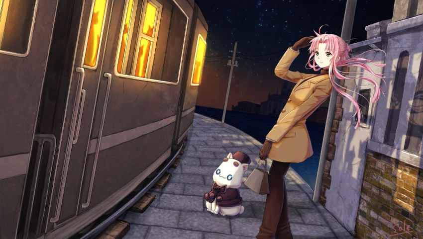 1girl ahoge aria aria_pokoteng arm_up artist_name bag brown_gloves brown_jacket brown_pants commentary_request feet_out_of_frame floating_hair gloves green_eyes handbag highres holding jacket long_sleeves looking_at_viewer mizunashi_akari night night_sky outdoors pants parted_bangs parted_lips pink_hair railroad_tracks shadow short_hair_with_long_locks signature sky standing starry_background telaform train window