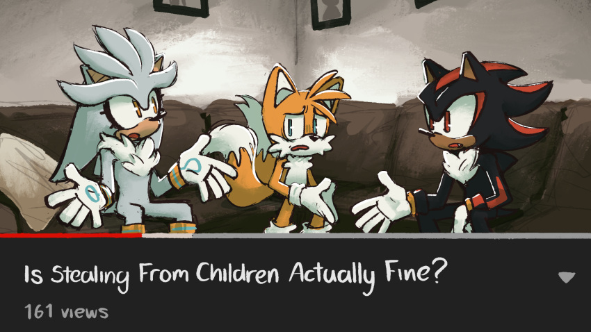 3boys alt_text animal_ears animal_nose blue_eyes commentary couch english_commentary english_text fox_boy fox_ears fox_tail furry furry_male gloves highres indoors lemonlumens looking_at_another male_focus meme multiple_boys multiple_tails on_couch open_mouth own_hands_together red_eyes shadow_the_hedgehog silver_the_hedgehog sitting sonic_(series) tail tails_(sonic) two_tails video_thumbnail white_gloves yellow_eyes youtube
