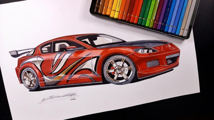art_tools_in_frame car colored_pencil colored_pencil_(medium) english_commentary highres luka_milic mazda mazda_rx-8 motor_vehicle need_for_speed need_for_speed:_most_wanted_(2005) no_humans pencil photo_(medium) signature spoiler_(automobile) traditional_media vehicle_focus white_background