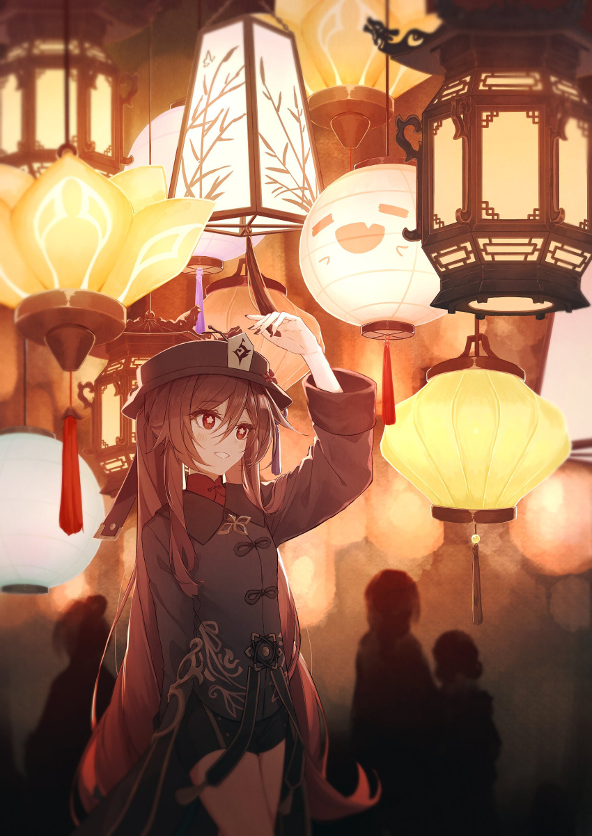 1girl absurdres black_nails black_shorts brown_hair chinese_clothes flower flower-shaped_pupils genshin_impact ghost hat hat_flower highres hu_tao_(genshin_impact) jeanbeansprout lantern long_hair long_sleeves porkpie_hat red_eyes shorts smile symbol-shaped_pupils twintails