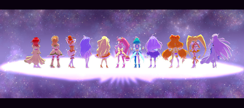 6+girls absurdres ahoge arms_behind_back arms_behind_head back_bow bike_shorts blonde_hair boots bow brown_hair closed_mouth cropped_shirt cure_bright cure_fortune cure_milky cure_moonlight cure_selene cure_soleil cure_star cure_sunny cure_sunshine cure_twinkle dress facing_away futari_wa_precure_splash_star go!_princess_precure green_dress green_hair hand_on_own_hip happinesscharge_precure! heartcatch_precure! high_heel_boots high_heels highres hyuuga_saki juliet_sleeves kiryuu_michiru leg_warmers letterboxed long_dress long_hair long_sleeves looking_at_viewer looking_back low-tied_long_hair low_twintails magical_girl medium_dress medium_hair midriff multiple_girls orange_dress orange_hair pink_dress pink_hair precure puffy_short_sleeves puffy_sleeves purple_dress purple_hair purple_skirt redhead satsukizuki_(siwasuduki128) series_connection short_dress short_sleeves shorts_under_dress single_leg_pantyhose skirt smile smile_precure! space standing star_(sky) star_twinkle_precure thigh_boots trait_connection twintails two_side_up v_arms very_long_hair white_footwear white_skirt wind yellow_bow yellow_dress