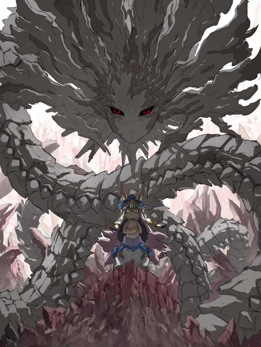 1other :&lt; absurdres androgynous animal_ears belafu black_sclera blue_armor body_fur brown_fur chinese_commentary closed_mouth colored_sclera commentary_request crossed_arms floating_hair furry grey_pants helmet highres looking_at_viewer made_in_abyss monster nanachi_(made_in_abyss) pants puffy_pants rabbit_ears red_eyes rock scene_reference shaded_face short_hair_with_long_locks smile standing straight-on topless whiskers white_hair wide_shot xiaopizi32439 yellow_eyes