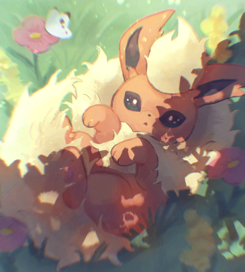:o blurry bug butterfly commentary_request day flareon flower from_above grass highres looking_at_viewer lying no_humans on_back outdoors pink_flower pokemon pokemon_(creature) shizuki_(angcm8611) yellow_fur
