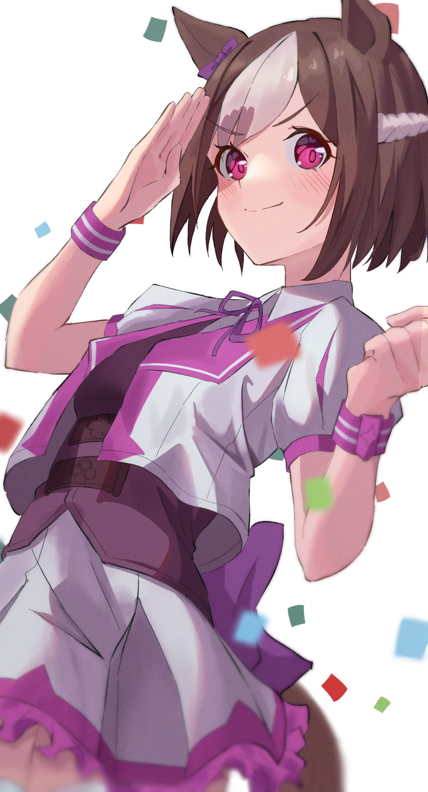 1girl absurdres animal_ears blush brown_hair clenched_hand closed_mouth confetti cropped_jacket highres horse_ears horse_girl horse_tail jacket looking_at_viewer multicolored_hair neck_ribbon open_clothes open_jacket panda_0035 purple_vest ribbon salute short_hair short_sleeves skirt smile solo special_week_(umamusume) tail two-tone_hair umamusume v-shaped_eyebrows vest violet_eyes white_jacket white_skirt wristband