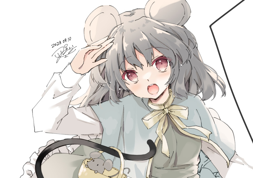 1girl animal animal_ears capelet dated dowsing_rod dress grey_capelet grey_dress grey_hair highres long_sleeves mouse mouse_ears mouse_tail nazrin open_mouth purinpurin red_eyes short_hair signature simple_background smile solo tail touhou upper_body white_background