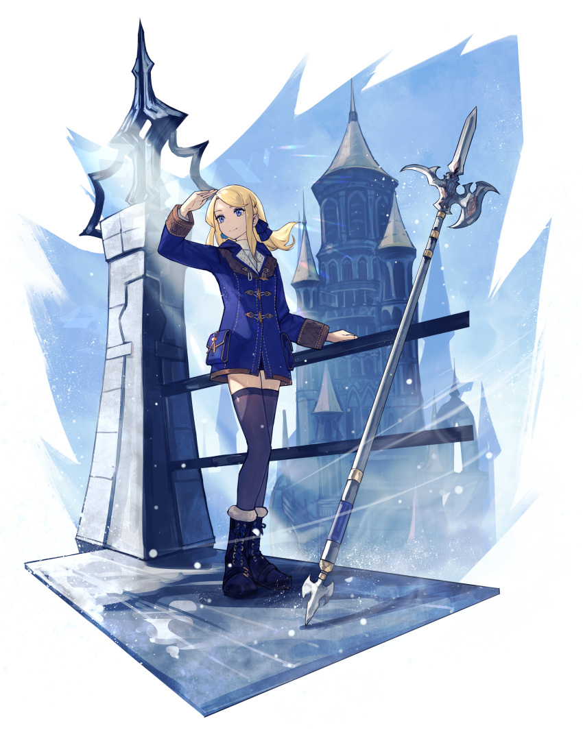 1girl absurdres aito black_footwear black_thighhighs blonde_hair blue_eyes blue_jacket blue_ribbon castle commission fur-trimmed_footwear hair_ribbon highres jacket long_hair long_sleeves original outdoors polearm pouch ribbon skeb_commission smile snow solo standing thigh-highs weapon