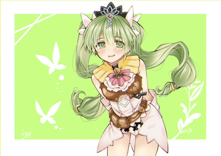 1girl :d absurdres armor arms_behind_back ascot bare_shoulders belt blush breastplate breasts bug butterfly cowboy_shot frey_(rune_factory) gloves green_eyes green_hair hair_ribbon highres looking_at_viewer ribbon rune_factory rune_factory_4 signature sleeveless small_breasts smile solo suzuran_kei tiara twintails