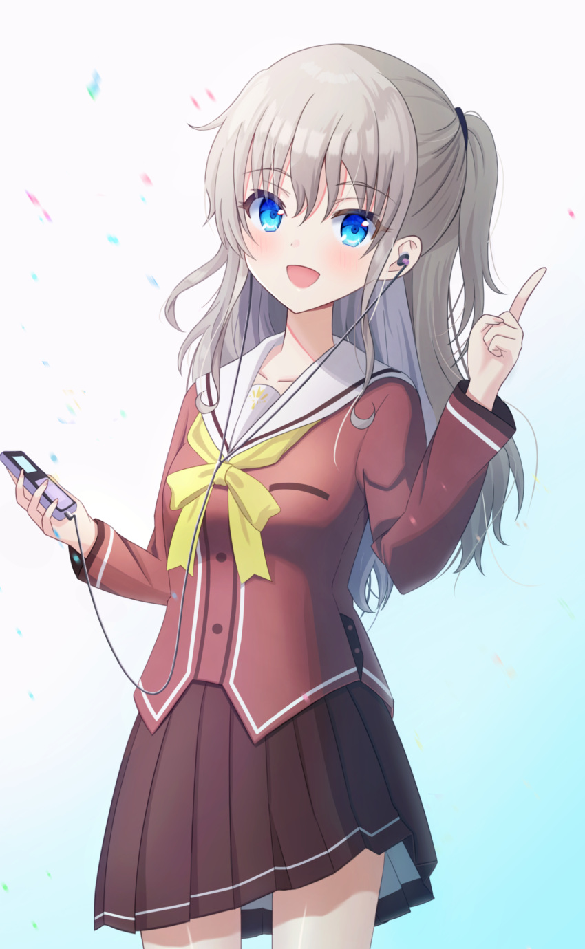 1girl :d absurdres aqua_background blue_eyes blush bow brown_skirt charlotte_(anime) commentary_request cowboy_shot earphones eyelashes eyes_visible_through_hair gradient_background grey_hair hair_between_eyes half_updo hand_up happy highres hoshinoumi_academy_school_uniform index_finger_raised long_hair long_sleeves looking_at_viewer miniskirt open_mouth pleated_skirt potetic_x red_shirt sailor_collar school_uniform shirt short_ponytail sidelocks simple_background skirt smile solo standing tomori_nao white_background white_sailor_collar yellow_bow