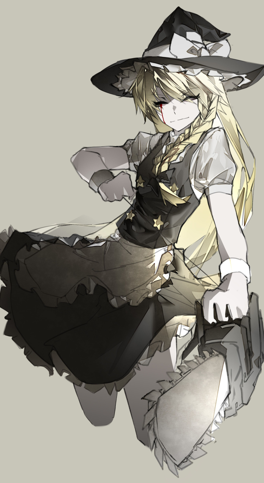 1girl absurdres apron blonde_hair blood blood_from_eyes bow braid broom chainsaw closed_eyes closed_mouth cookie_(touhou) dress frilled_dress frills hair_between_eyes hat highres holding holding_broom holding_chainsaw kirisame_marisa long_hair shirt side_braid single_braid star_button suzu_(cookie) touhou waist_apron white_bow witch_hat yexinhan