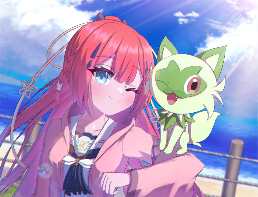 1girl aqua_eyes ascot blue_ascot blue_sky blunt_bangs blurry blush braid closed_mouth clouds commentary_request crossover depth_of_field dutch_angle eyelashes fangs hair_ornament hairclip hand_up happy highres japanese_clothes kamiyama_shiki kimono lens_flare long_hair long_sleeves looking_at_viewer ocean one_eye_closed open_clothes open_kimono outdoors pink_kimono pokemon pokemon_(game) pokemon_sv ponytail red_eyes redhead sailor_collar school_uniform shiki_hamaguri shirt side_braid sky smile solo sprigatito straight_hair summer_pockets sunlight tassel tassel_hair_ornament upper_body very_long_hair white_sailor_collar white_shirt wide_sleeves yellow_tassel
