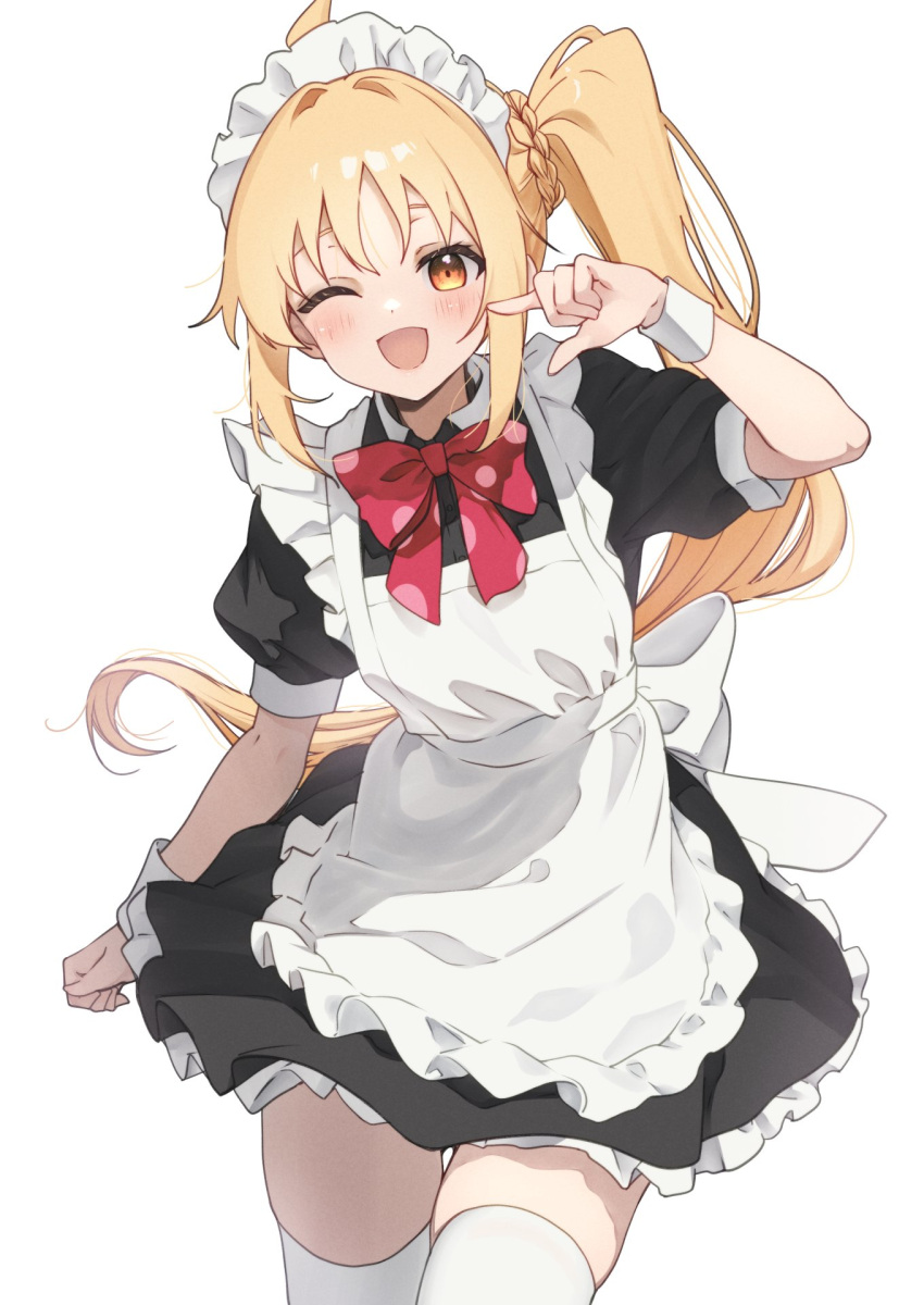 1girl alternate_costume apron black_dress blonde_hair blush bocchi_the_rock! bow bowtie cowboy_shot dress enmaided frilled_apron frilled_dress frills highres ijichi_nijika long_hair maid maid_headdress one_eye_closed one_side_up open_mouth polka_dot polka_dot_bow red_bow red_bowtie red_eyes short_sleeves simple_background smile solo thigh-highs tsukasa2048 white_apron white_background white_thighhighs wrist_cuffs