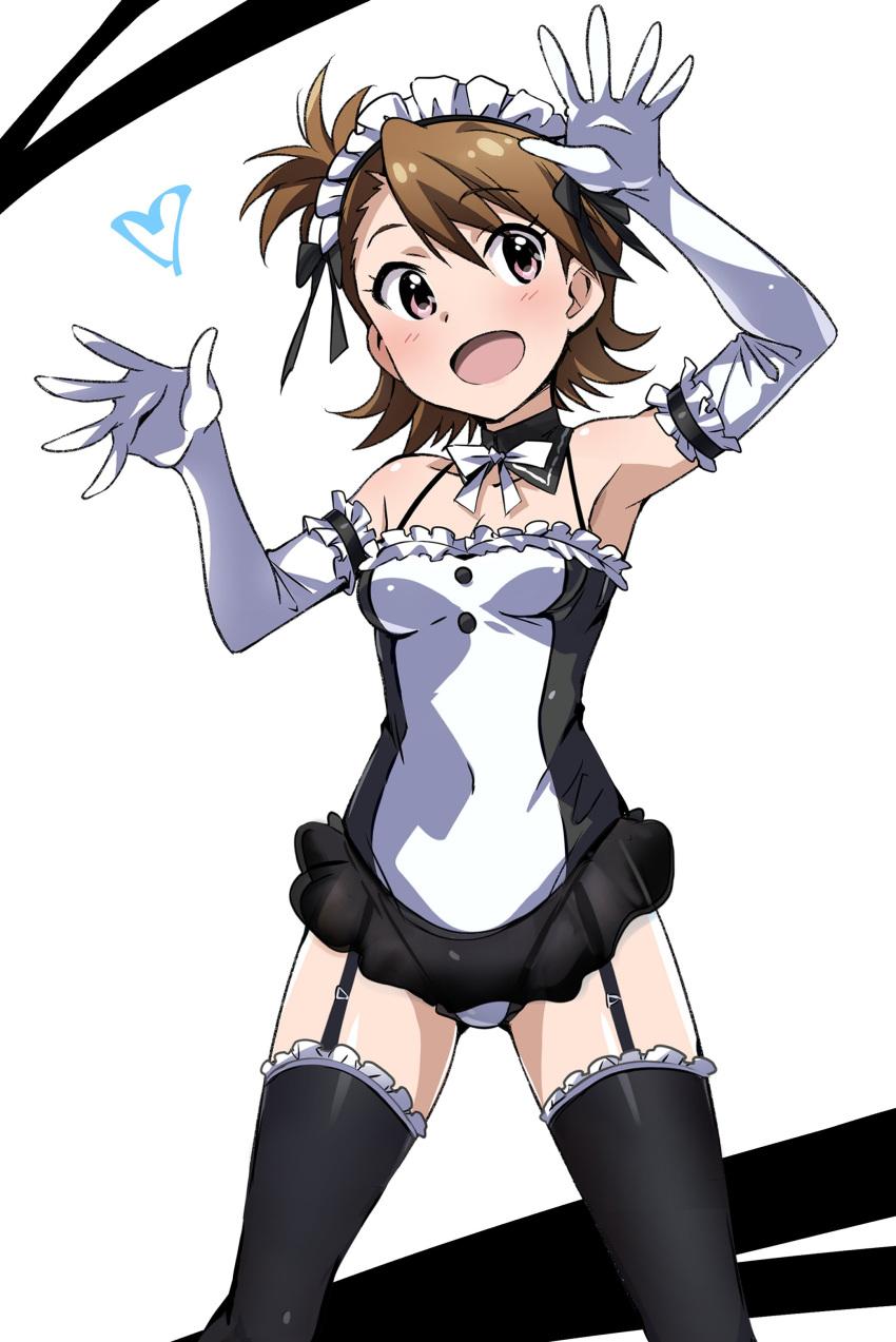 1girl absurdres alternate_costume bare_shoulders bridal_gauntlets brown_eyes brown_hair elbow_gloves enmaided frills futami_ami gloves highres idolmaster idolmaster_(classic) maid maid_headdress short_hair side_ponytail simple_background smile solo swimsuit thigh-highs tokiani white_gloves