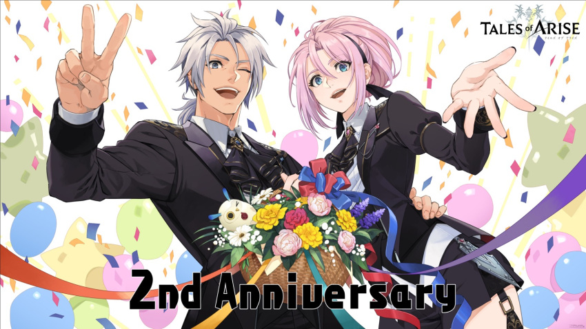 1boy 1girl alphen_(tales) anniversary blue_eyes confetti copyright_name couple dark-skinned_male dark_skin hair_between_eyes hair_bun hand_on_another's_hip happy_anniversary highres juliet_sleeves long_hair long_sleeves looking_at_viewer official_alternate_costume official_alternate_hair_length official_alternate_hairstyle official_art open_mouth parted_bangs pink_hair ponytail puffy_sleeves shionne_(tales) sidelocks smile spiky_hair streamers tales_of_(series) tales_of_arise very_long_hair white_hair