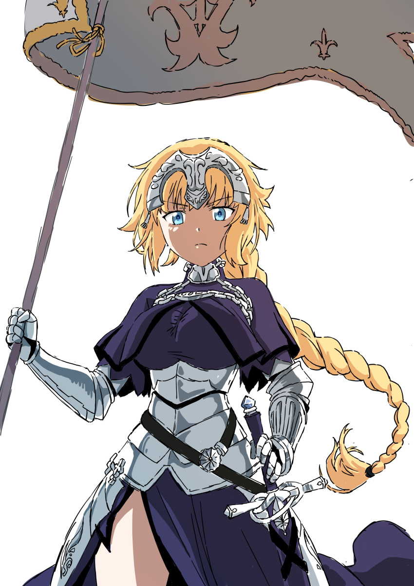 1girl absurdres armor blonde_hair blue_eyes braid breasts cowboy_shot fate/apocrypha fate_(series) flag gauntlets headpiece highres holding holding_flag jeanne_d'arc_(fate) large_breasts long_hair looking_at_viewer mugi0913 sheath sheathed simple_background single_braid solo sword very_long_hair weapon white_background