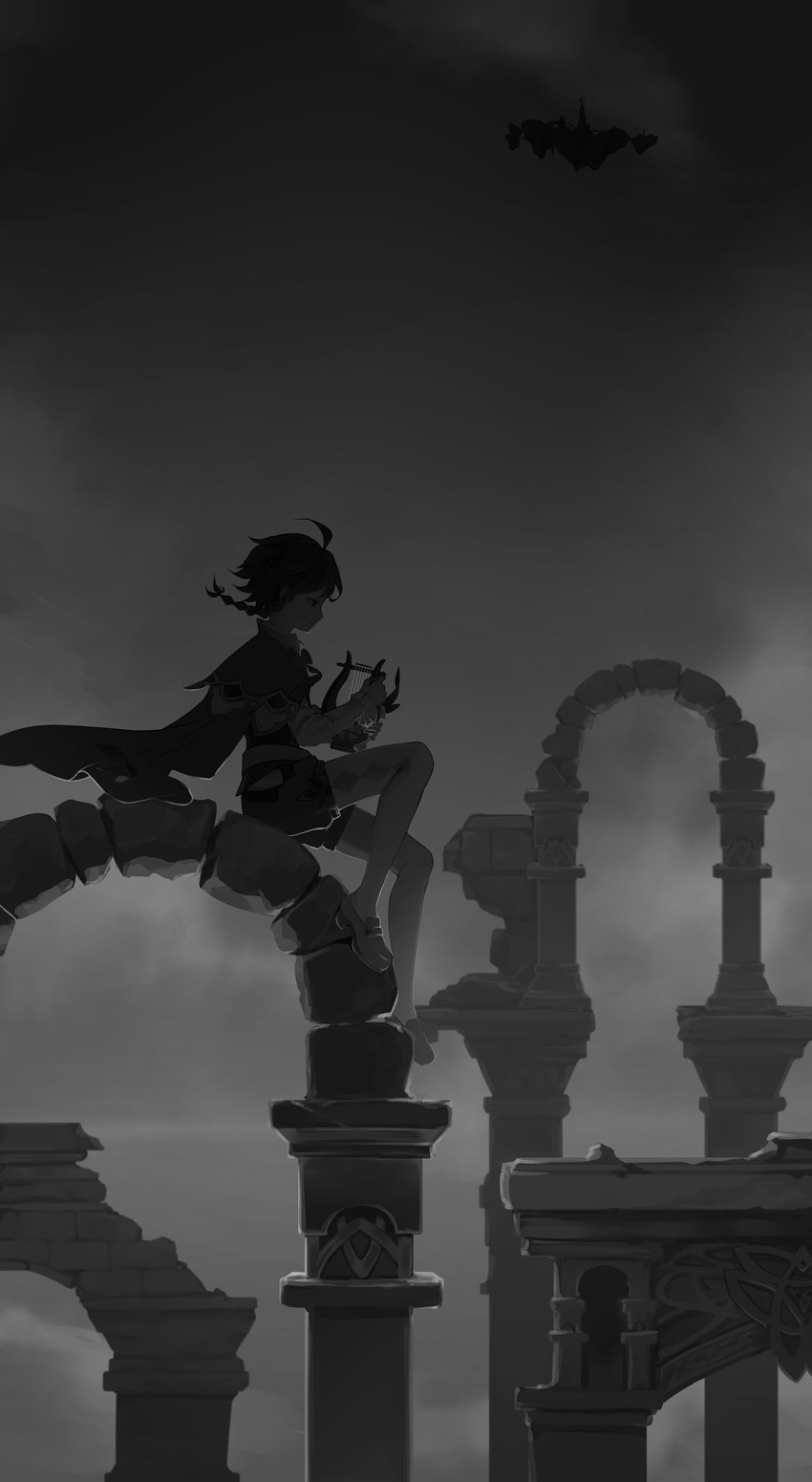 1boy braid cape closed_mouth floating_island from_side genshin_impact greyscale hat highres holding holding_instrument instrument long_sleeves lyre male_focus monochrome outdoors pantyhose pillar platina_1117 profile shorts sitting solo venti_(genshin_impact)