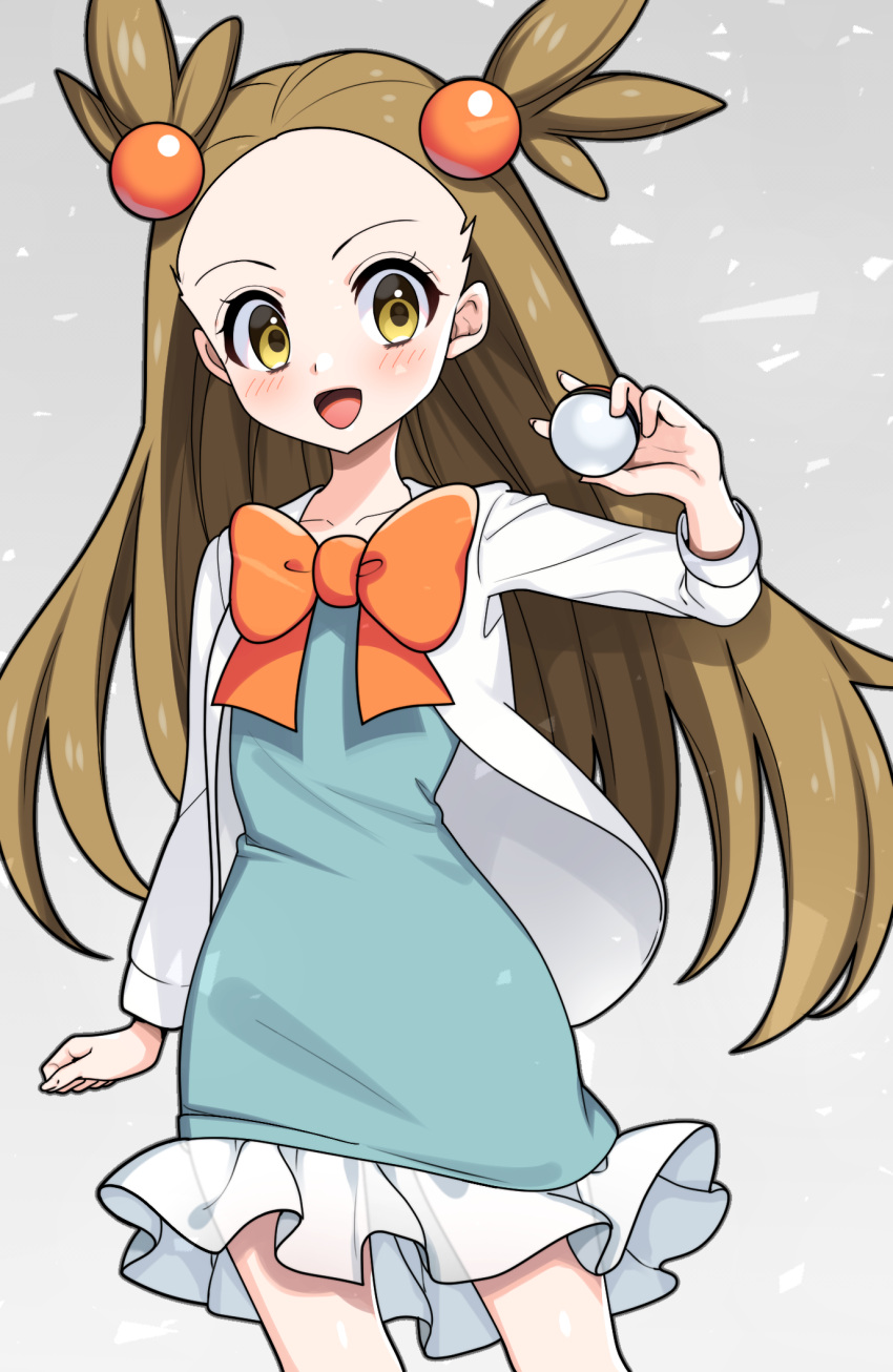 1girl :d blush bow brown_hair cardigan commentary_request dress eyelashes frills green_dress grey_background hair_bobbles hair_ornament hand_up happy highres holding holding_poke_ball jasmine_(pokemon) long_hair looking_at_viewer open_cardigan open_clothes open_mouth orange_bow poke_ball pokemon pokemon_(game) pokemon_hgss smile solo tongue two_side_up white_cardigan yellow_eyes yuihico