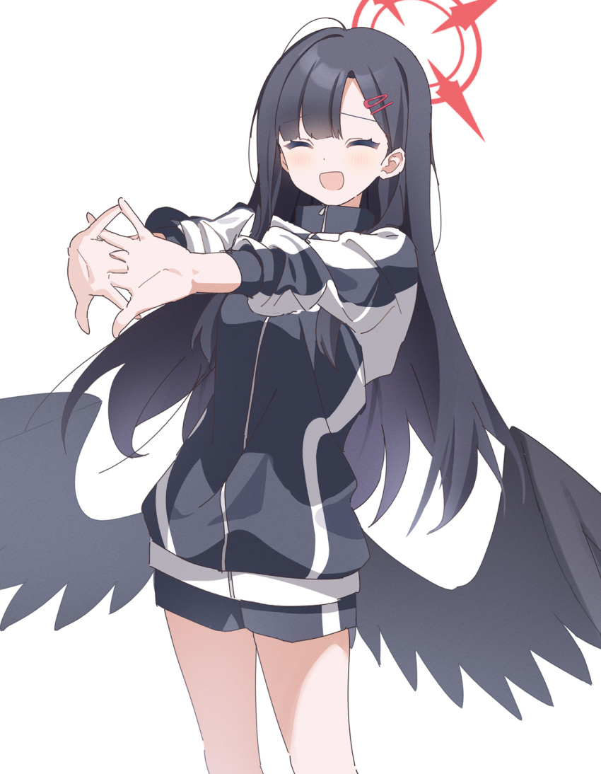 1girl alternate_costume black_hair black_wings blue_archive blush gym_shorts gym_uniform hair_ornament hairclip halo highres ichika_(blue_archive) long_hair low_wings nekoln shorts solo stretching white_background wings