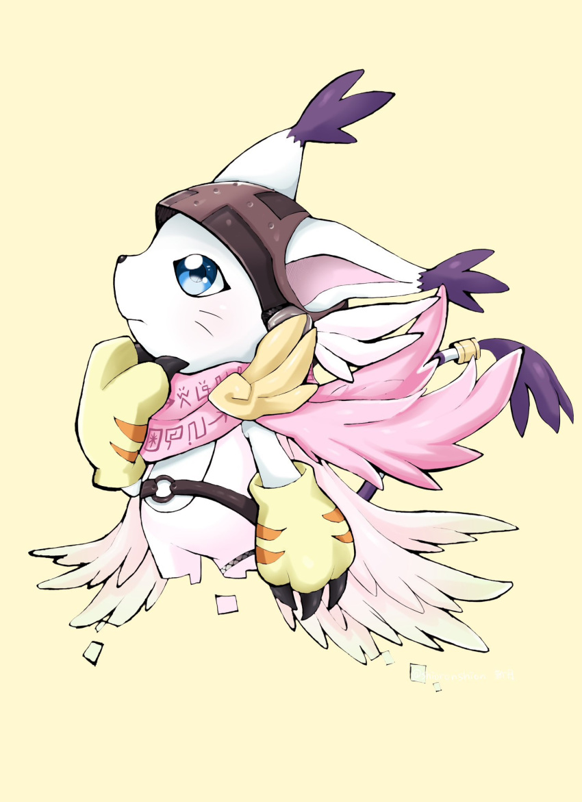 1other angel_wings angewomon angewomon_(cosplay) cosplay digimon digimon_(creature) from_side gloves highres other_focus shioronshion simple_background solo tailmon wings yellow_background