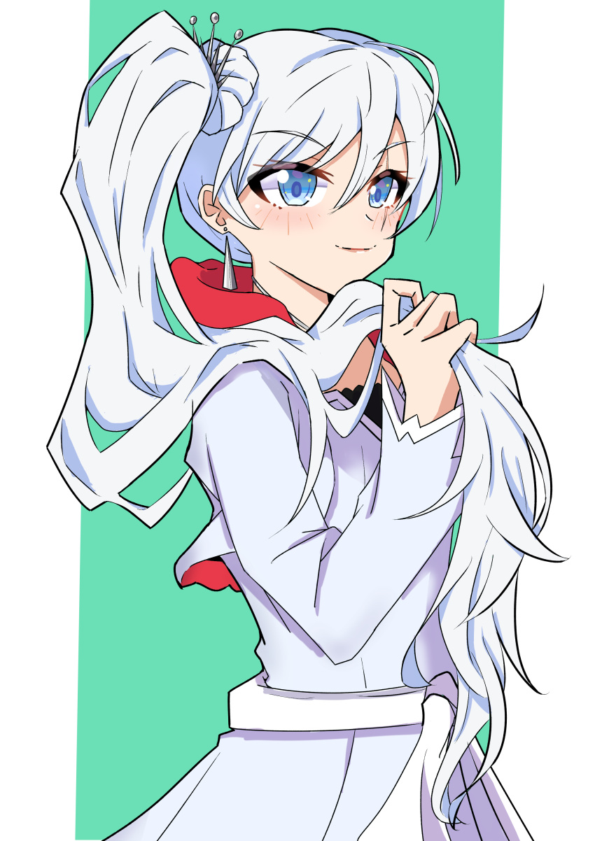 1girl absurdres bakuma blue_eyes closed_mouth dress earrings green_background hair_ornament highres holding_own_hair jacket jewelry long_hair multicolored_background ponytail rwby sash scar scar_across_eye solo weiss_schnee white_background white_dress white_hair