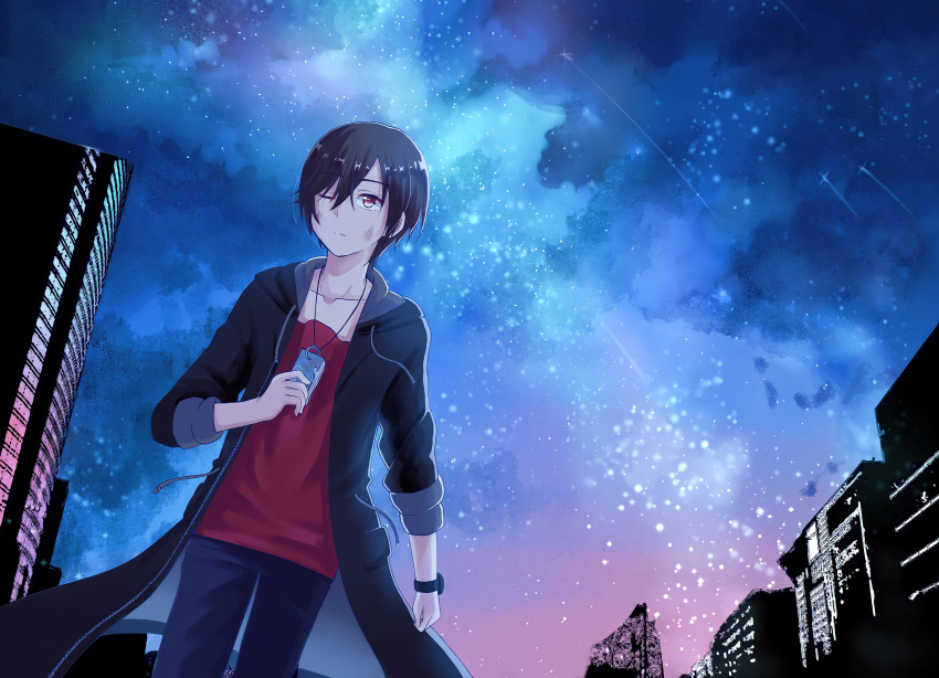 1boy absurdres black_hair black_jacket brown_eyes casual charlotte_(anime) closed_mouth collarbone commentary_request cowboy_shot crossed_bangs frown highres jacket jewelry long_sleeves looking_up necklace night noritama_(noritamago) one_eye_closed open_clothes open_jacket otosaka_yuu outdoors red_shirt shirt short_hair sky solo spoilers standing star_(sky) starry_sky upturned_eyes watch watch