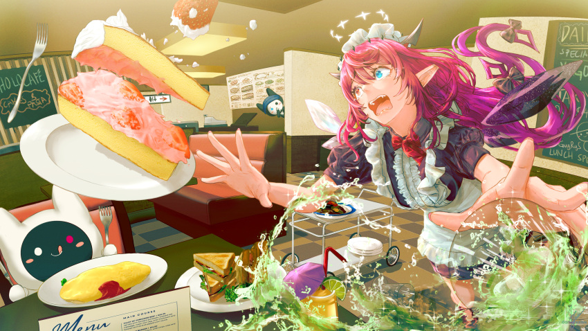 1girl absurdres alternate_costume anversailles apron asymmetrical_wings bare_arms blue_eyes bow bowtie cake center_frills crying crying_with_eyes_open crystal_wings cup detached_wings drink drinking_glass enmaided falling fangs fingernails fisheye food foreshortening fork frills fruit hair_bow halo heterochromia highres hololive hololive_english horns indoors irys_(hololive) long_hair looking_at_object low-tied_long_hair maid maid_apron maid_headdress multicolored_hair omelet open_mouth outstretched_hand pink_hair plate pointy_ears puffy_short_sleeves puffy_sleeves red_eyes redhead robot sandwich short_sleeves spilling spread_fingers strawberry strawberry_shortcake table tamagoyaki tears tripping very_long_hair virtual_youtuber waitress wings