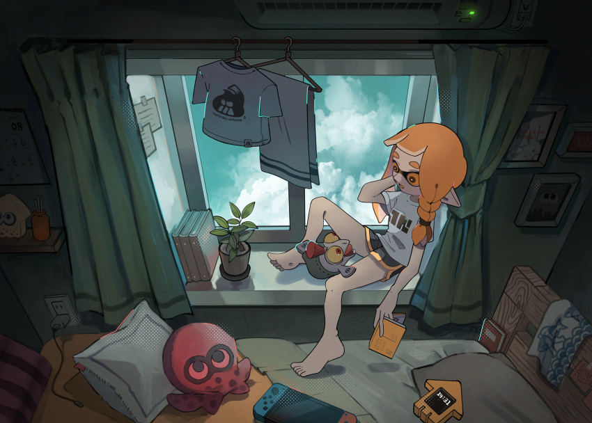 1girl barefoot bed black_shorts blue_sky book braid cable calendar_(object) cellphone charger clothes_hanger clouds colored_sclera commentary_request curtains day electrical_outlet feet flower_pot hair_tie handheld_game_console highres holding holding_book indoors inkling inkling_girl long_hair looking_at_another nintendo_switch octoling okaranko open_mouth orange_eyes orange_hair paper phone picture_frame pillow plant pointy_ears potted_plant print_shirt red_eyes redhead scenery shelf shirt short_shorts short_sleeves shorts side_braid single_braid sky smallfry_(splatoon) smartphone splatoon_(series) splatoon_3 stuffed_toy t-shirt tentacle_hair thick_eyebrows toes tongue towel vase white_shirt window windowsill yellow_sclera