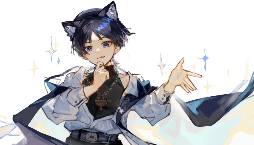 1boy absurdres adapted_costume animal_ear_fluff animal_ears belt black_hair black_pants black_shirt blue_belt blue_cape blunt_ends buttons cape cat_ears closed_mouth collarbone collared_shirt covered_collarbone dichlorvos121 eyeshadow floral_print genshin_impact hands_up highres jewelry kemonomimi_mode long_sleeves looking_at_viewer makeup male_focus mandarin_collar necklace no_headwear open_clothes open_shirt pants parted_bangs puffy_long_sleeves puffy_sleeves red_eyeshadow scaramouche_(genshin_impact) shirt short_hair sleeveless sleeveless_shirt smile solo sparkle standing star_(symbol) tongue tongue_out violet_eyes wanderer_(genshin_impact) white_shirt