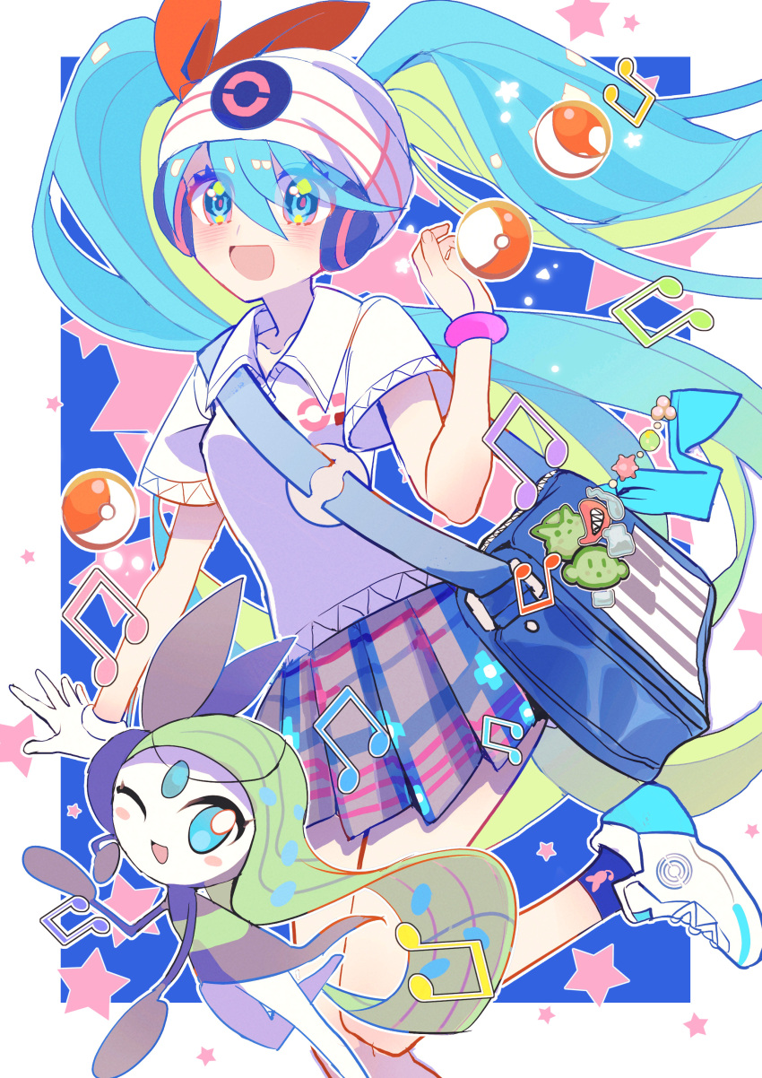 1girl :d absurdres bag beanie blush bracelet collared_shirt commentary crossover floating_hair green_eyes green_hair hat hatsune_miku highres jewelry long_hair meloetta open_mouth pleated_skirt poke_ball poke_ball_(basic) pokemon pokemon_(creature) project_voltage shirt shocho_(shaojiujiu) shoes shoulder_bag skirt smile sneakers socks twintails vocaloid white_footwear white_headwear white_shirt