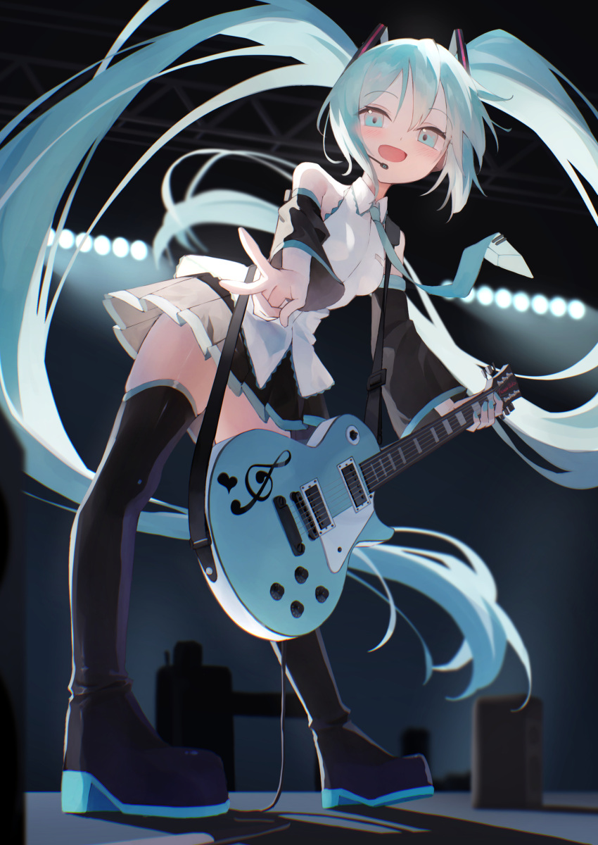 1girl :d absurdres aqua_eyes aqua_hair aqua_nails aqua_necktie black_footwear black_skirt blush boots concert detached_sleeves electric_guitar floating_hair from_below full_body guitar hair_ornament half-closed_eyes hatsune_miku headset highres holding holding_instrument idol indoors instrument leaning_forward long_hair looking_at_viewer necktie open_mouth shun'ya_(daisharin36) skirt smile solo speaker stage stage_lights thigh_boots treble_clef v very_long_hair vocaloid zettai_ryouiki