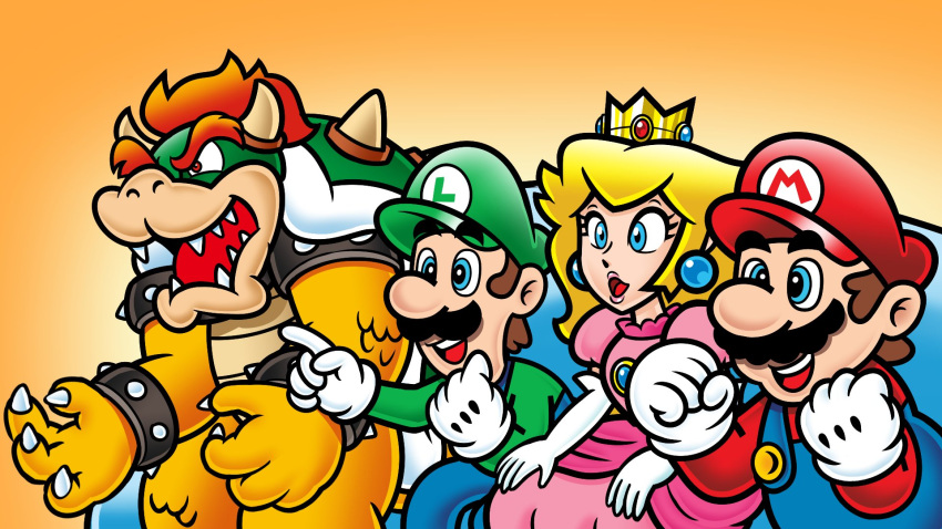 1girl 3boys armlet blonde_hair blue_eyes blue_overalls bowser bracelet brown_hair clenched_hands crown doc_shoddy dress earrings elbow_gloves facial_hair gloves gradient_background green_headwear green_shirt hat highres horns jewelry long_hair luigi mario multiple_boys mustache nakaue_shigehisa_(style) open_mouth orange_background overalls pink_dress pointing princess_peach puffy_short_sleeves puffy_sleeves red_headwear red_shirt redhead shirt short_hair short_sleeves sitting sphere_earrings spiked_armlet spiked_bracelet spikes super_mario_bros. teeth upper_teeth_only white_gloves