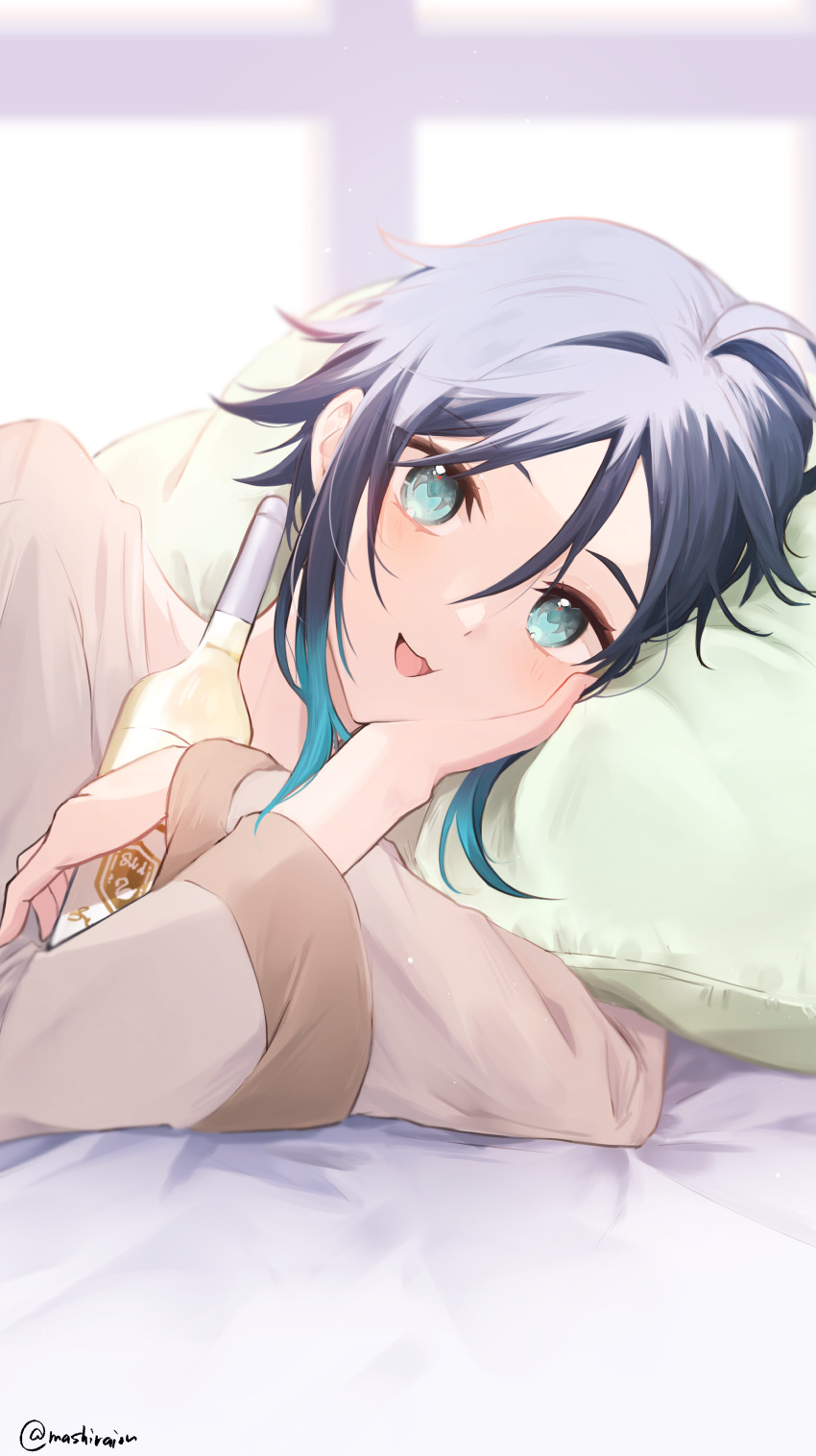absurdres alcohol alternate_costume aqua_eyes aqua_hair bed black_hair blush bottle genshin_impact hair_between_eyes highres holding holding_bottle long_sleeves looking_at_viewer lying male_focus mashiraion multicolored_hair on_bed on_side open_mouth otoko_no_ko pajamas pillow solo twitter_username upper_body venti_(genshin_impact)