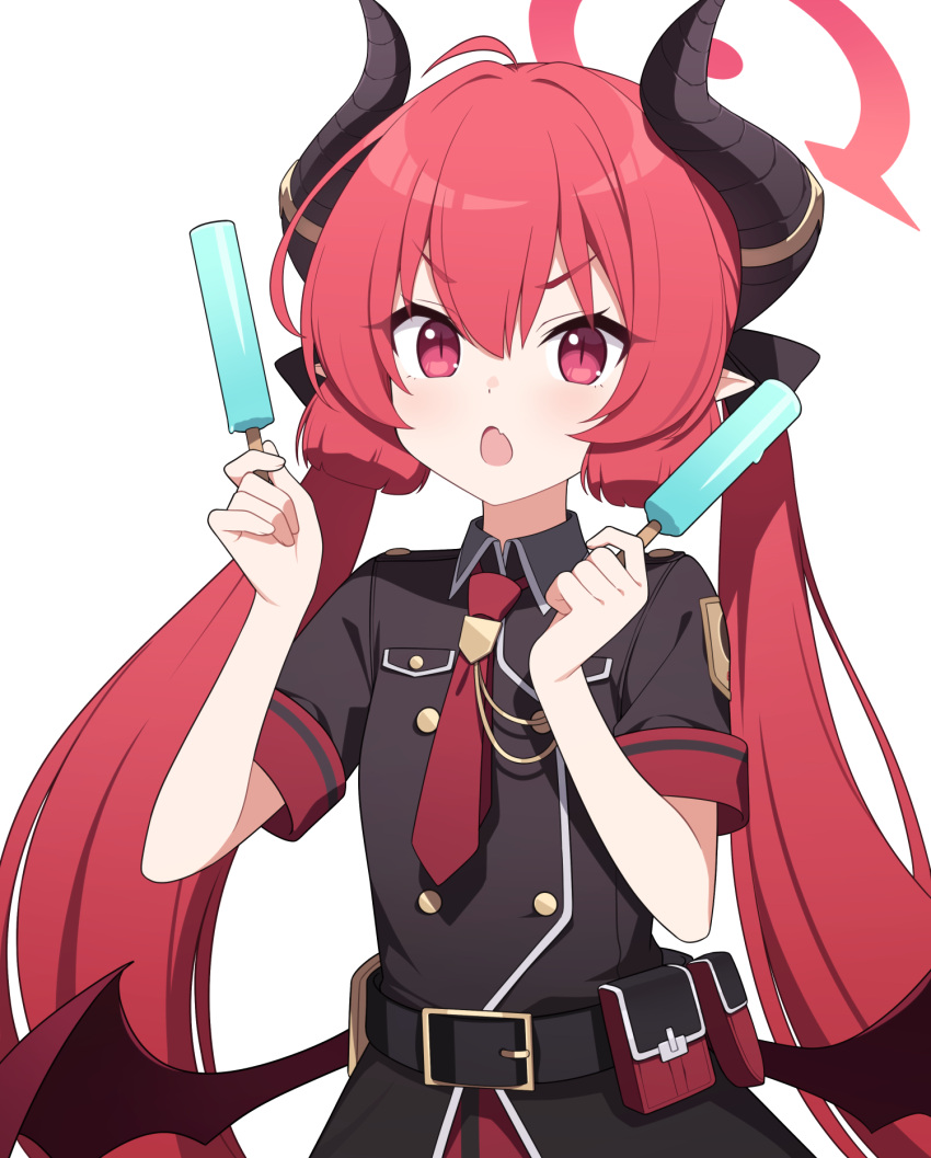 1girl black_horns black_ribbon blue_archive blush child_(isoliya) fang food hair_between_eyes hair_ribbon halo highres holding holding_food holding_popsicle horns junko_(blue_archive) long_hair looking_at_viewer low_wings necktie open_mouth pointy_ears popsicle red_eyes red_necktie red_wings redhead ribbon short_sleeves simple_background skin_fang solo twintails very_long_hair white_background wings