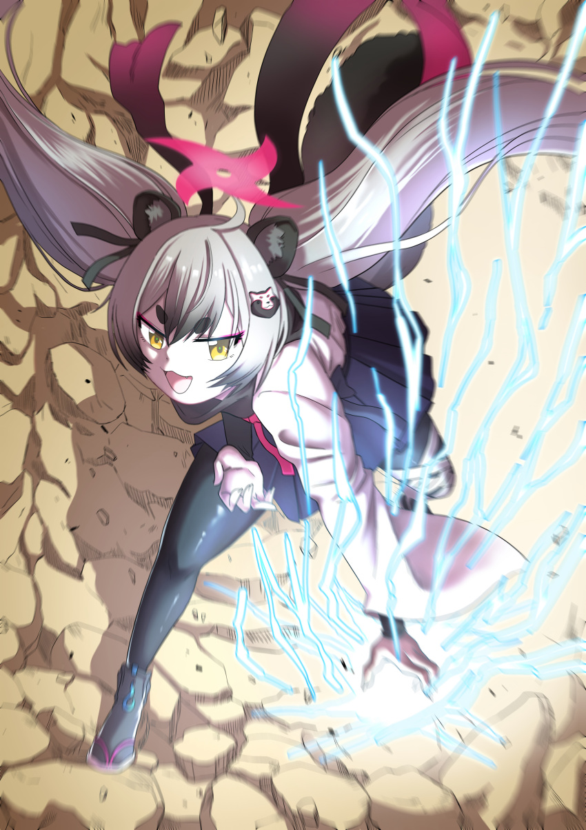 1girl :d absurdres animal_ear_fluff animal_ears asymmetrical_legwear bent_over blue_archive chidori_(naruto) commentary_request eyeshadow fighting_stance from_above gradient_hair grey_hair hadanugi_dousa hair_between_eyes halo highres japanese_clothes lightning long_hair long_sleeves looking_at_viewer looking_up makeup michiru_(blue_archive) mismatched_legwear multicolored_hair name_connection naruto naruto_(series) ninja outdoors pangtanto pleated_skirt pun raccoon_ears raccoon_girl raccoon_hair_ornament raccoon_tail red_eyeshadow school_uniform serafuku sidelocks skirt sleeveless smile solo tail thick_eyebrows twintails two-tone_hair wide_sleeves yellow_eyes