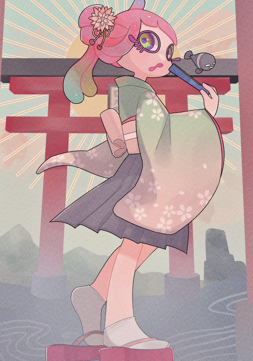 1girl :o black_skirt blue_hair blue_sky clouds colored_eyelashes commentary_request day drooling eyelashes fish floral_print folded_fan folding_fan gradient_hair gradient_sleeves green_eyes green_hair green_kimono hair_bun hair_ornament hakama hakama_skirt hand_fan harmony's_clownfish_(splatoon) harmony_(splatoon) highres holding holding_fan iguana152588 japanese_clothes kanzashi kimono long_sleeves looking_at_viewer looking_to_the_side mountain multicolored_hair obi obiage okobo open_mouth outdoors pink_hair pink_sash pleated_skirt red_footwear sakuramon sandals sash short_kimono single_hair_bun skirt sky socks solo splatoon_(series) splatoon_3 standing sun sunburst tabi tentacle_hair torii white_socks wide_sleeves