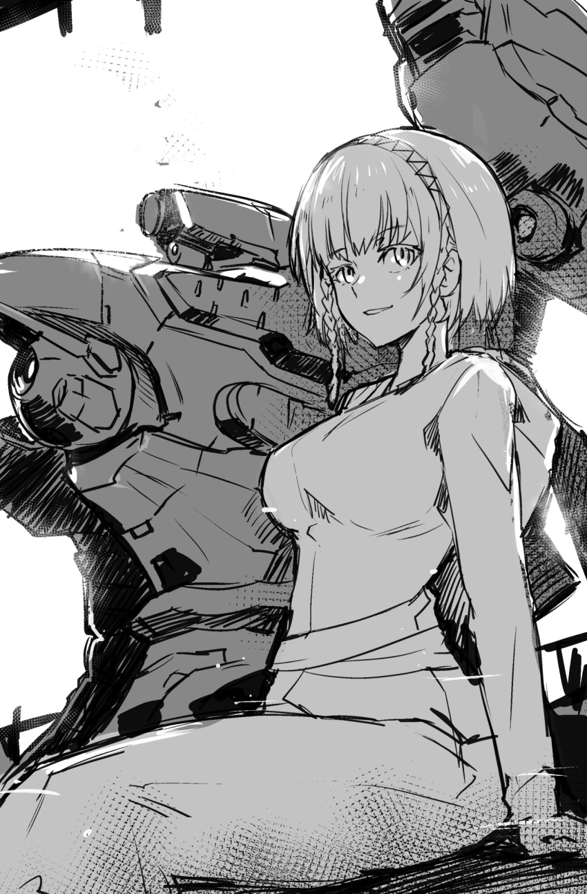 1girl 1other armored_core armored_core_6 ayre_(armored_core_6) braid dress highres las91214 looking_at_viewer mecha robot science_fiction short_hair sitting smile twin_braids white_dress white_hair